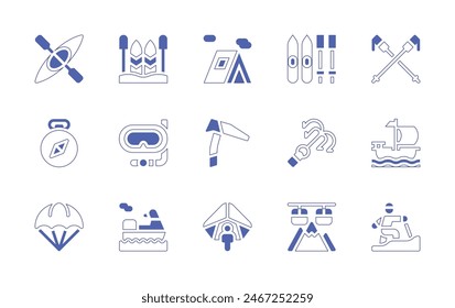 Adventure icon set. Duotone style line stroke and bold. Vector illustration. Containing kayak, compass, hiking, hook, iceaxe, ski, skisticks, ship, parachuting, tent, hanggliding, cablecar, jetski.