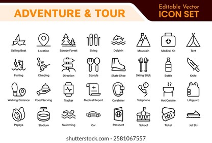 Adventure Icon Set. An exciting collection of icons that captures the spirit of exploration, perfect for travel apps, outdoor websites, and promotional materials for adventure and thrill-seeking.