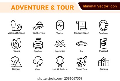 Adventure Icon Set. An exciting collection of icons that captures the spirit of exploration, perfect for travel apps, outdoor websites, and promotional materials for adventure and thrill-seeking.