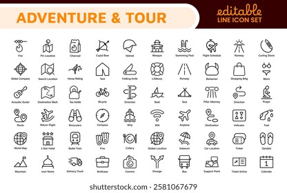 Adventure Icon Set. An exciting collection of icons that captures the spirit of exploration, perfect for travel apps, outdoor websites, and promotional materials for adventure and thrill-seeking.