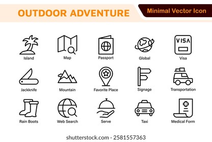 Adventure Icon Set. An exciting collection of icons that captures the spirit of exploration, perfect for travel apps, outdoor websites, and promotional materials for adventure and thrill-seeking.