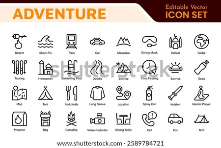 Adventure Icon Set. An exciting collection of icons that captures the spirit of exploration, perfect for travel apps, outdoor websites, and promotional materials for adventure and thrill-seeking.