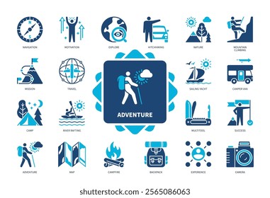 Adventure icon set. Explore, Travel, Motivation, Nature, Camp, Mountain Climbing, Experience, Backpack. Duotone color solid icons