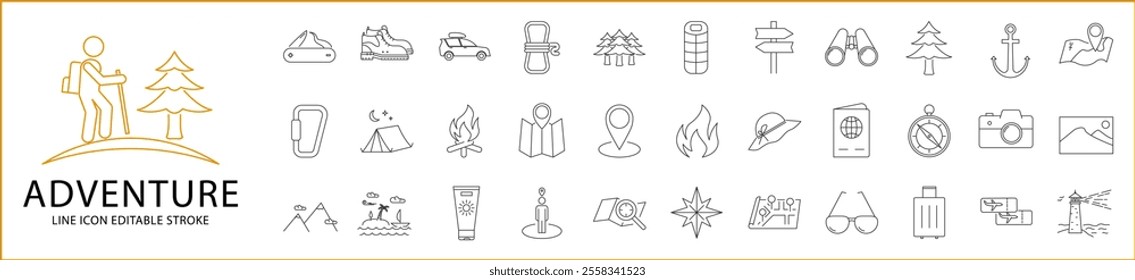 Adventure Icon Set In Line Style. Adventure Icons. Vector Illustration. Editable Stroke.