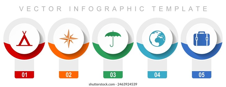 Adventure icon set, miscellaneous vector icons such as tent, navigation, umbrella, globe and case, modern design infographic template, web buttons in 5 color options