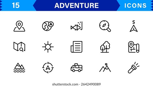 Adventure Icon Set Representing Exploration, Travel, Outdoors, Hiking, and Expedition Symbols in a Clean, Creative, and Marketable Vector Style