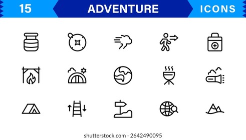 Adventure Icon Set Representing Exploration, Travel, Outdoors, Hiking, and Expedition Symbols in a Clean, Creative, and Marketable Vector Style