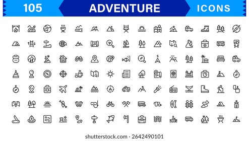 Adventure Icon Set Representing Exploration, Travel, Outdoors, Hiking, and Expedition Symbols in a Clean, Creative, and Marketable Vector Style
