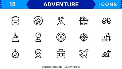 Adventure Icon Set Representing Exploration, Travel, Outdoors, Hiking, and Expedition Symbols in a Clean, Creative, and Marketable Vector Style