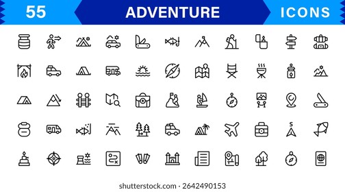 Adventure Icon Set Representing Exploration, Travel, Outdoors, Hiking, and Expedition Symbols in a Clean, Creative, and Marketable Vector Style