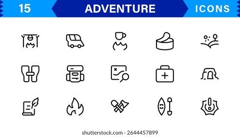 Adventure Icon Set Representing Exploration, Travel, Outdoors, Hiking, and Expedition Symbols in a Clean, Creative, and Marketable Vector Style