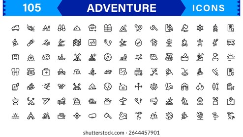 Adventure Icon Set Representing Exploration, Travel, Outdoors, Hiking, and Expedition Symbols in a Clean, Creative, and Marketable Vector Style