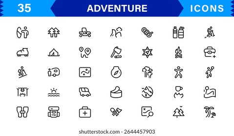 Conjunto de iconos de aventuras que representan símbolos de exploración, viajes, actividades al aire libre, senderismo y expedición en un estilo de Vector limpio, creativo y comercializable