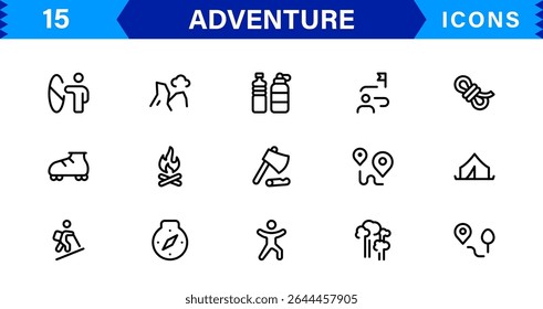 Adventure Icon Set Representing Exploration, Travel, Outdoors, Hiking, and Expedition Symbols in a Clean, Creative, and Marketable Vector Style