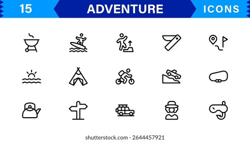 Adventure Icon Set Representing Exploration, Travel, Outdoors, Hiking, and Expedition Symbols in a Clean, Creative, and Marketable Vector Style
