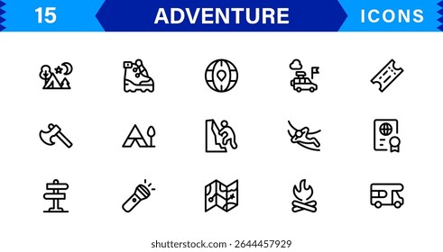 Adventure Icon Set Representing Exploration, Travel, Outdoors, Hiking, and Expedition Symbols in a Clean, Creative, and Marketable Vector Style