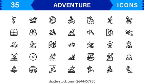Adventure Icon Set Representing Exploration, Travel, Outdoors, Hiking, and Expedition Symbols in a Clean, Creative, and Marketable Vector Style