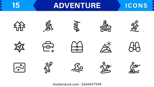 Conjunto de iconos de aventuras que representan símbolos de exploración, viajes, actividades al aire libre, senderismo y expedición en un estilo de Vector limpio, creativo y comercializable