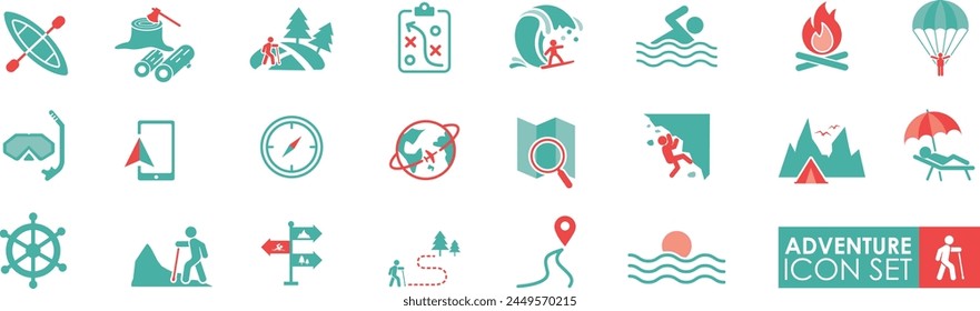 Adventure icon set. Solid style collection. It contains Outdoor activity, Travel, hiking, surfboard, campfire, snorkeling, climbing, travel, and canoeing icons. 