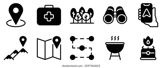 Adventure Icon Set Solid Style Collection A modern set of solid-style adventure icons perfect for maps travel guides and outdoor-themed designs.