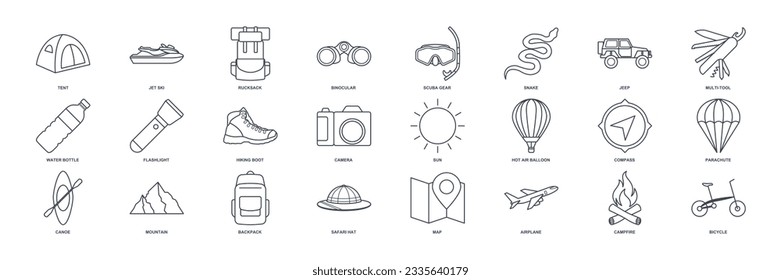 adventure icon set, summer camping trip symbols collection, logo illustrations, tourism or hiking sign package isolated vector illustration