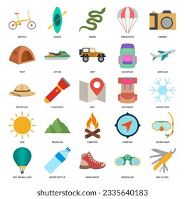 adventure icon set, summer camping trip symbols collection, logo illustrations, tourism or hiking sign package isolated vector illustration