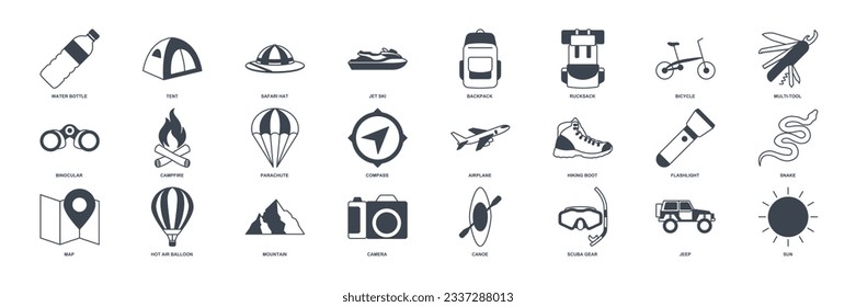 adventure icon set, summer camping trip symbols collection, logo illustrations, tourism or hiking sign package isolated vector illustration