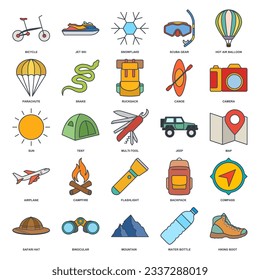 conjunto de iconos de aventura, colección de símbolos de camping de verano, ilustraciones de logotipo, paquete de señas de turismo o senderismo ilustración vectorial aislada
