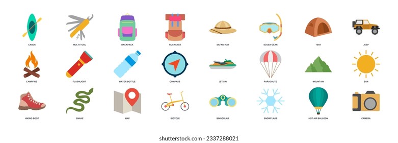 adventure icon set, summer camping trip symbols collection, logo illustrations, tourism or hiking sign package isolated vector illustration