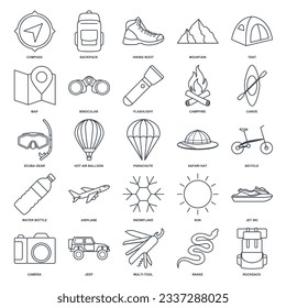 adventure icon set, summer camping trip symbols collection, logo illustrations, tourism or hiking sign package isolated vector illustration