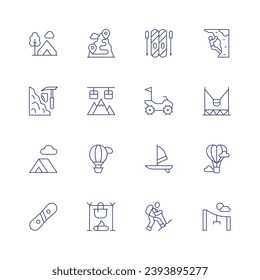 Adventure icon set. Thin line icon. Editable stroke. Containing ski, camping, route, rock climbing, climbing, quad, cable car, tent, windsurf, bungee jumping, hot air balloon, snowboard, pot, zip wire
