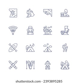 Adventure icon set. Thin line icon. Editable stroke. Containing rock climbing, parachute, hiking, camping, canoe, safari, ski, trekking, traveler, park, tent, adventure game.