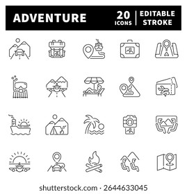 Conjunto de ícones de aventura. Ícones de linha fina definidos relacionados a aventura e viagem. Coleção de ícones da web Adventure em estilo de linha.