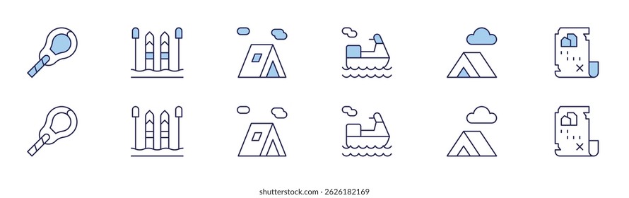 Adventure icon set in two styles, Duotone and Thin Line style. Editable stroke. carabiner, jetski, skisticks, tent, treasuremap.