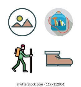 adventure icon set. vector set about hiker, backpack, boot and landscape icons set.