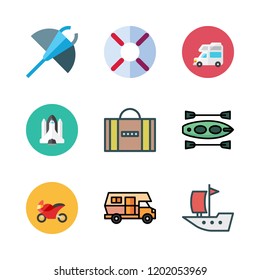 adventure icon set. vector set about suitcase, help, motorbike and canoe icons set.