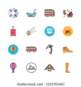 adventure icon set. vector set about sled, bus, landscape and hot air balloon icons set.