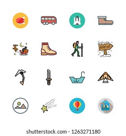 adventure icon set. vector set about backpack, hot air balloon, boot and dagger icons set.