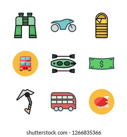 adventure icon set. vector set about motorcycle, canoe, sleeping bag and binoculars icons set.