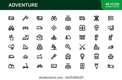 Abenteuer-Symbol im Vektorstil mit Grafiken zu Wandern, Camping, Reisen und Entdeckungen