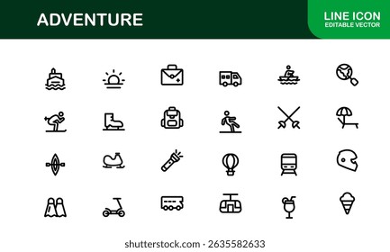 Conjunto de iconos de aventuras en estilo Vector con gráficos de senderismo, camping, viajes y exploración