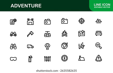 Conjunto de iconos de aventuras en estilo Vector con gráficos de senderismo, camping, viajes y exploración
