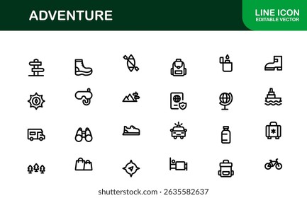 Conjunto de iconos de aventuras en estilo Vector con gráficos de senderismo, camping, viajes y exploración