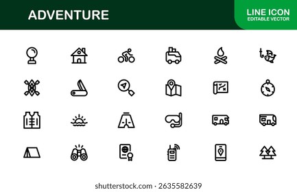 Conjunto de iconos de aventuras en estilo Vector con gráficos de senderismo, camping, viajes y exploración