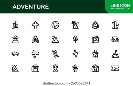 Adventure Icon Set in Vetor Style Com Caminhadas, Camping, Viagens e Gráficos de Exploração
