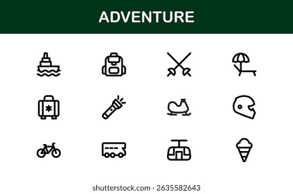 Abenteuer-Symbol im Vektorstil mit Grafiken zu Wandern, Camping, Reisen und Entdeckungen