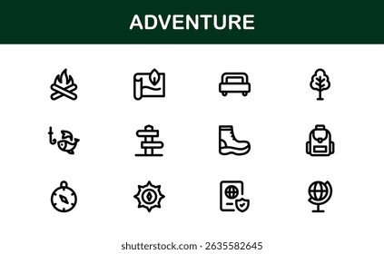 Conjunto de iconos de aventuras en estilo Vector con gráficos de senderismo, camping, viajes y exploración