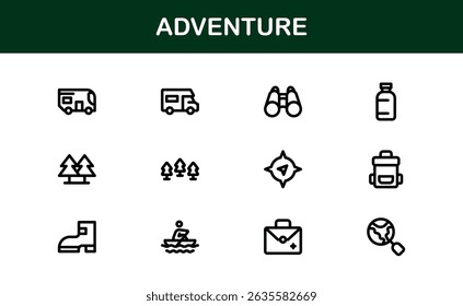 Adventure Icon Set in Vetor Style Com Caminhadas, Camping, Viagens e Gráficos de Exploração