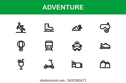 Adventure Icon Set in Vetor Style Com Caminhadas, Camping, Viagens e Gráficos de Exploração