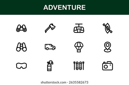 Conjunto de iconos de aventuras en estilo Vector con gráficos de senderismo, camping, viajes y exploración